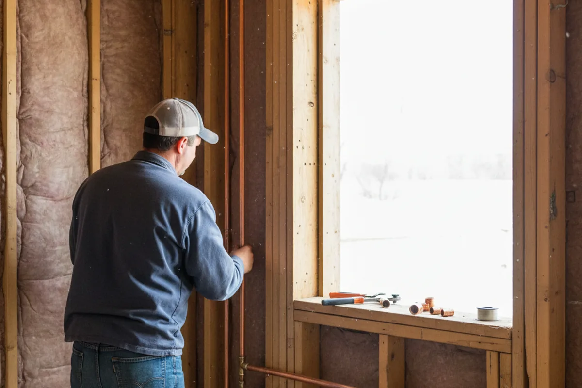Licensed plumber running new copper supply lines in a New Century home