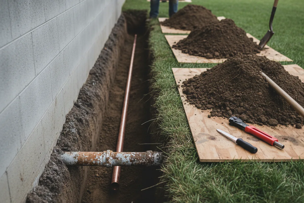 Excavated water line trench during Water Softener Installation in New Century